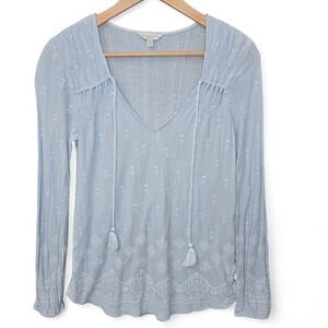 Lucky Brand Top Womens Medium Blue V Neck Tasseled Long Sleeve Tee Boho